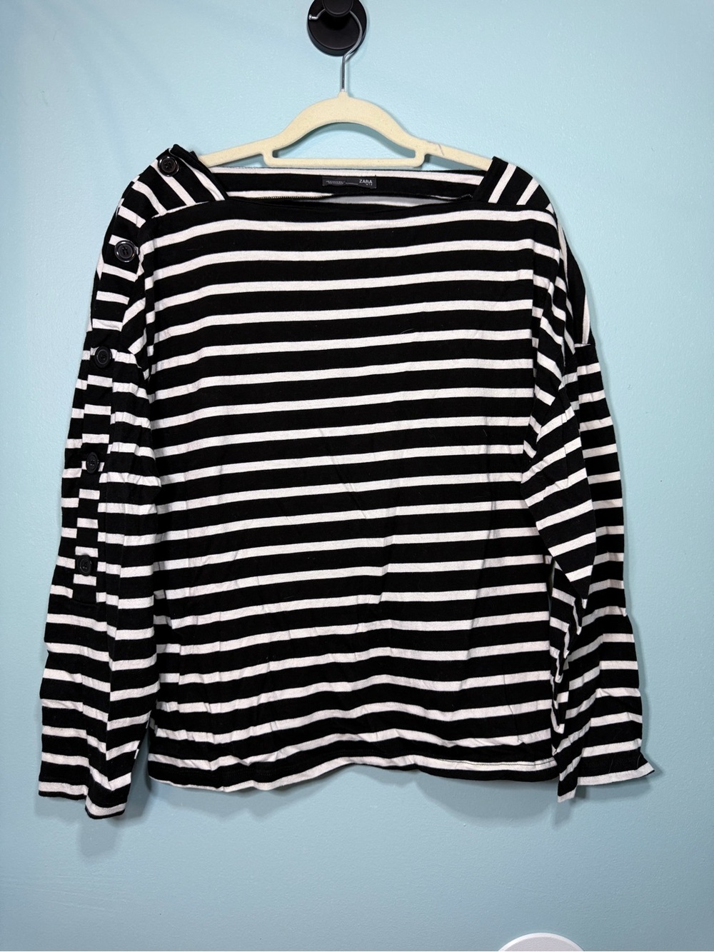 Zara Black & White Striped Boatneck Long Sleeve Top with Shoulder Buttons